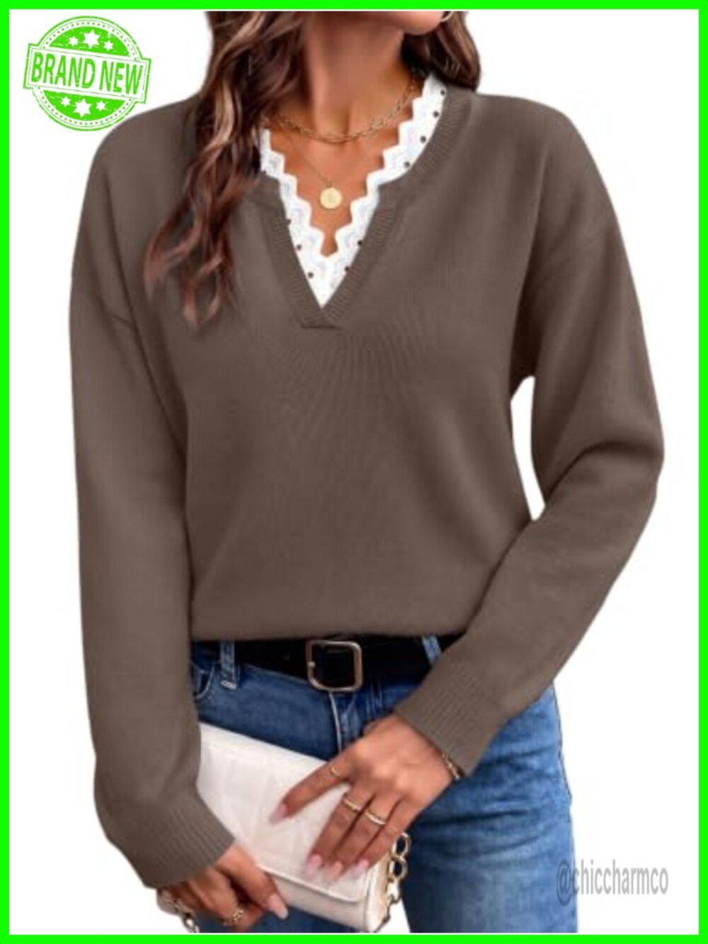 Womens V Neck Sweater Lace Trim Pullover Long Sleeve Business Casual Fall Knit